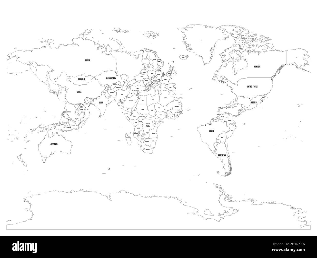 Mappa politica capovolta orizzontalmente del mondo. Riflessione speculare. Illustrazione vettoriale con contorno nero sottile Illustrazione Vettoriale