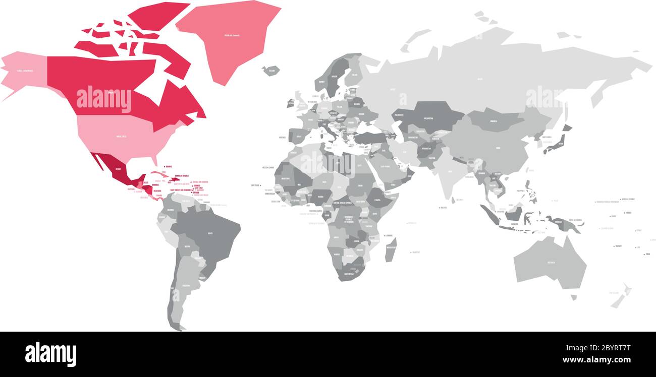 Mappa del mondo in grigio con i paesi del Nord America evidenziati in rosso. Illustrazione vettoriale. Illustrazione Vettoriale