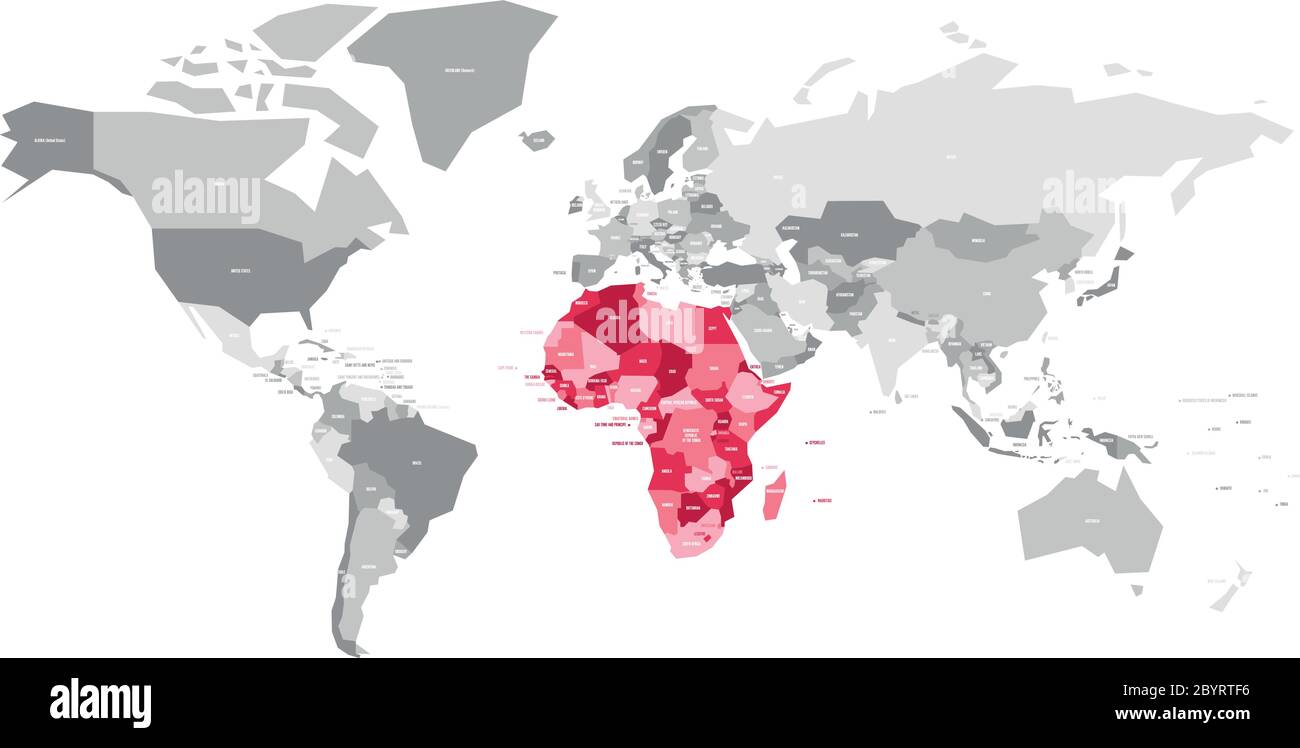 Mappa del mondo in grigio con i paesi africani evidenziati in rosso. Illustrazione vettoriale. Illustrazione Vettoriale