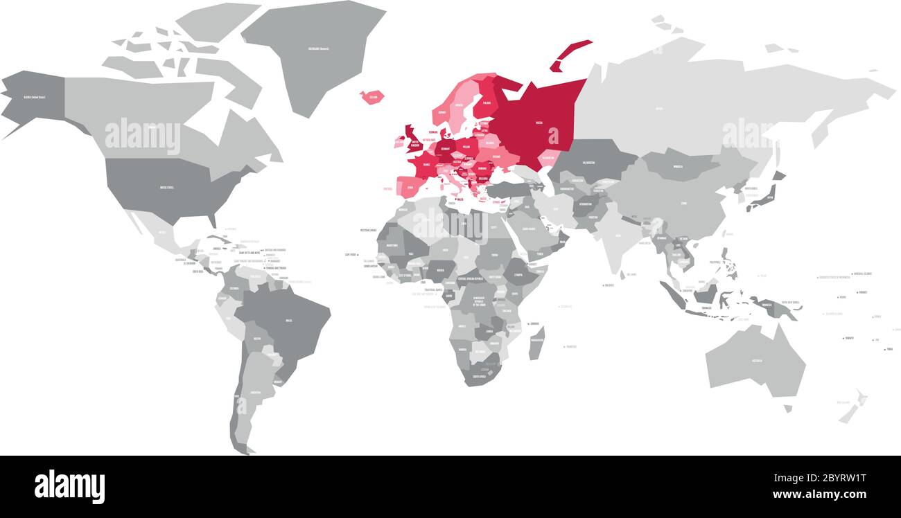 Mappa del mondo in grigio con i paesi europei evidenziati in rosso. Illustrazione vettoriale. Illustrazione Vettoriale