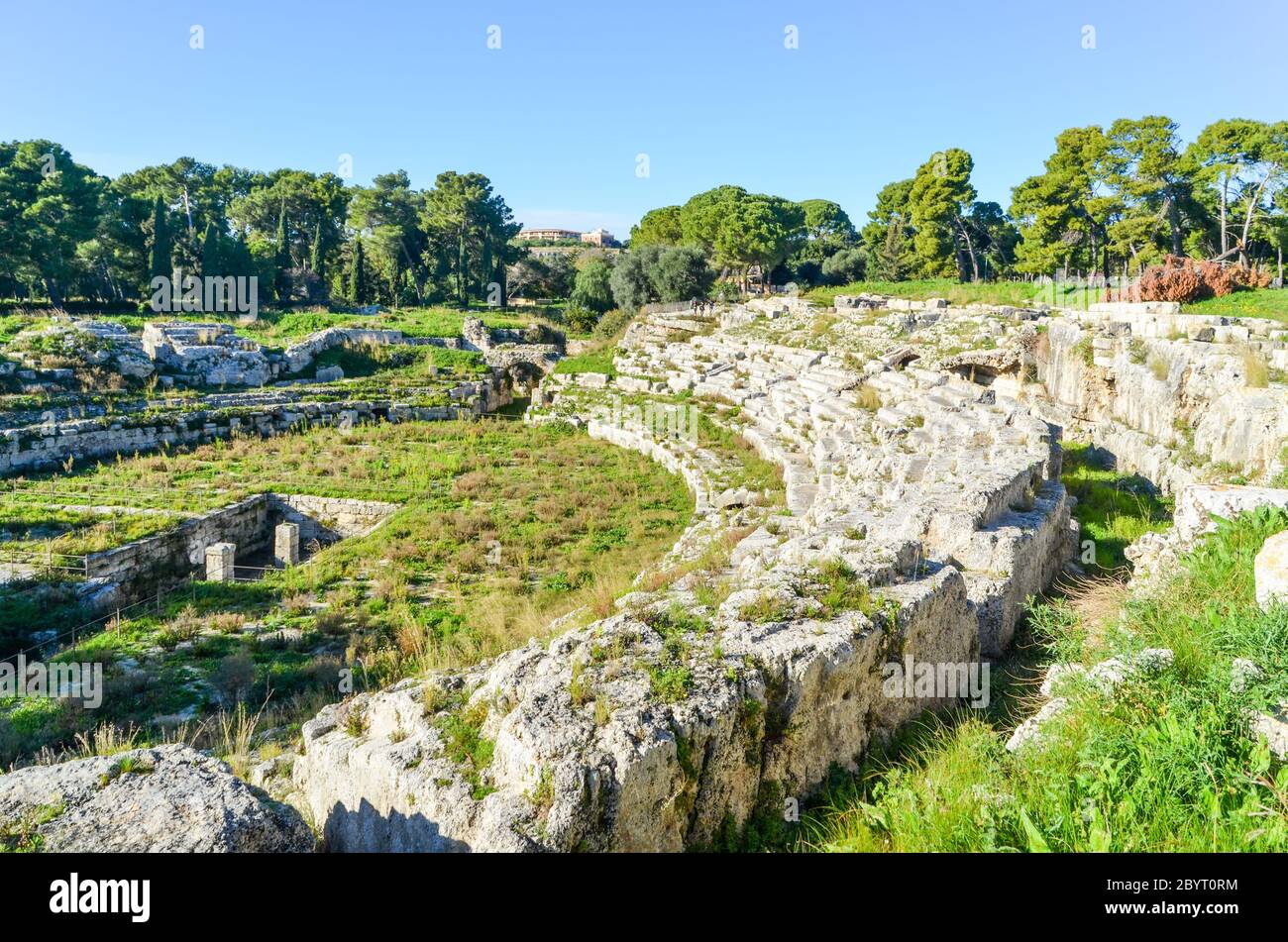 Anfiteatro romano presso il sito archeologico di Neapolis, Siracusa, Sicilia, Italia Foto Stock