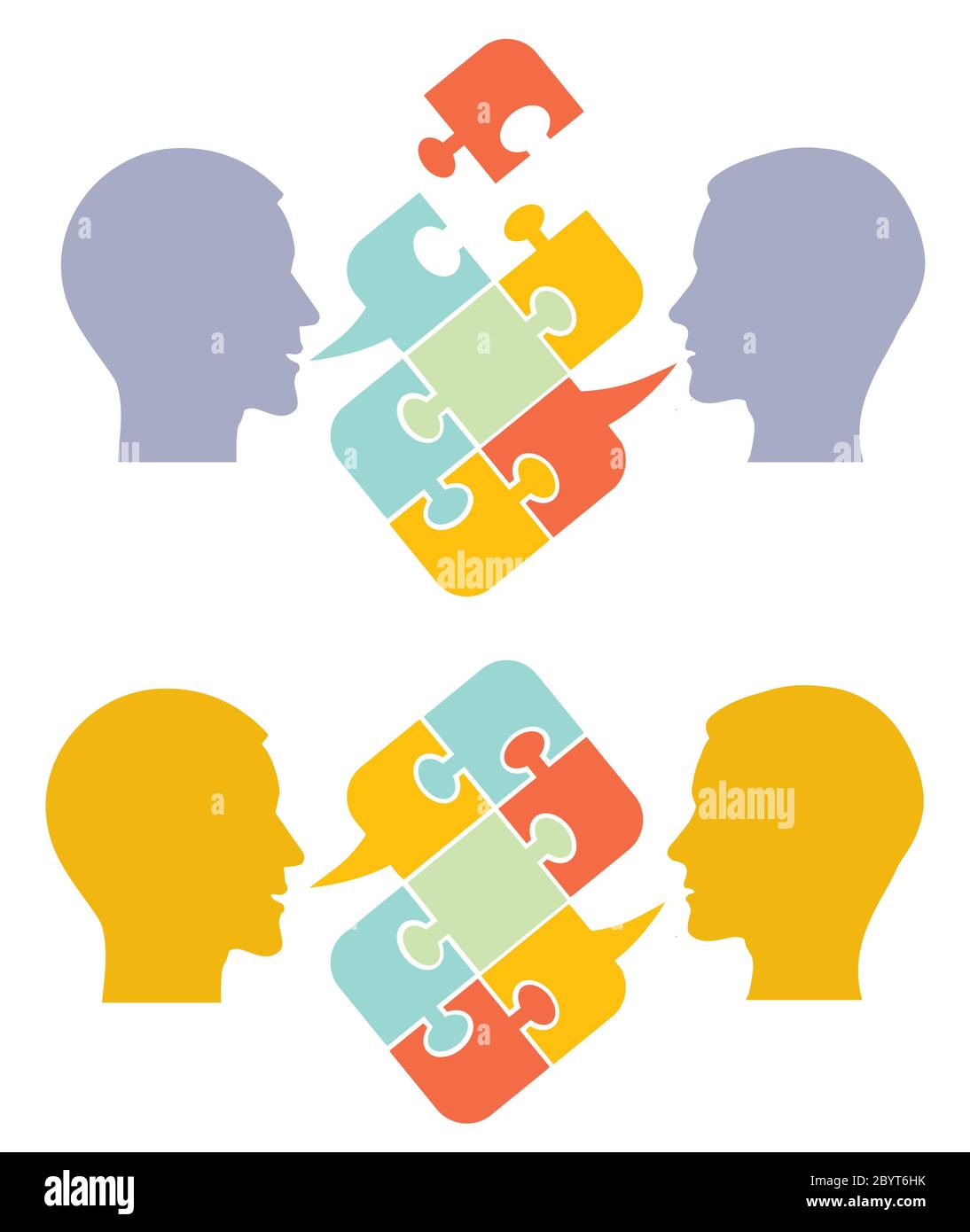 Uomini, psicologia della comprensione e del dialogo. Due sagome maschili stilizzate con bolla del linguaggio del puzzle che simboleggia i processi psicologici . Illustrazione Vettoriale