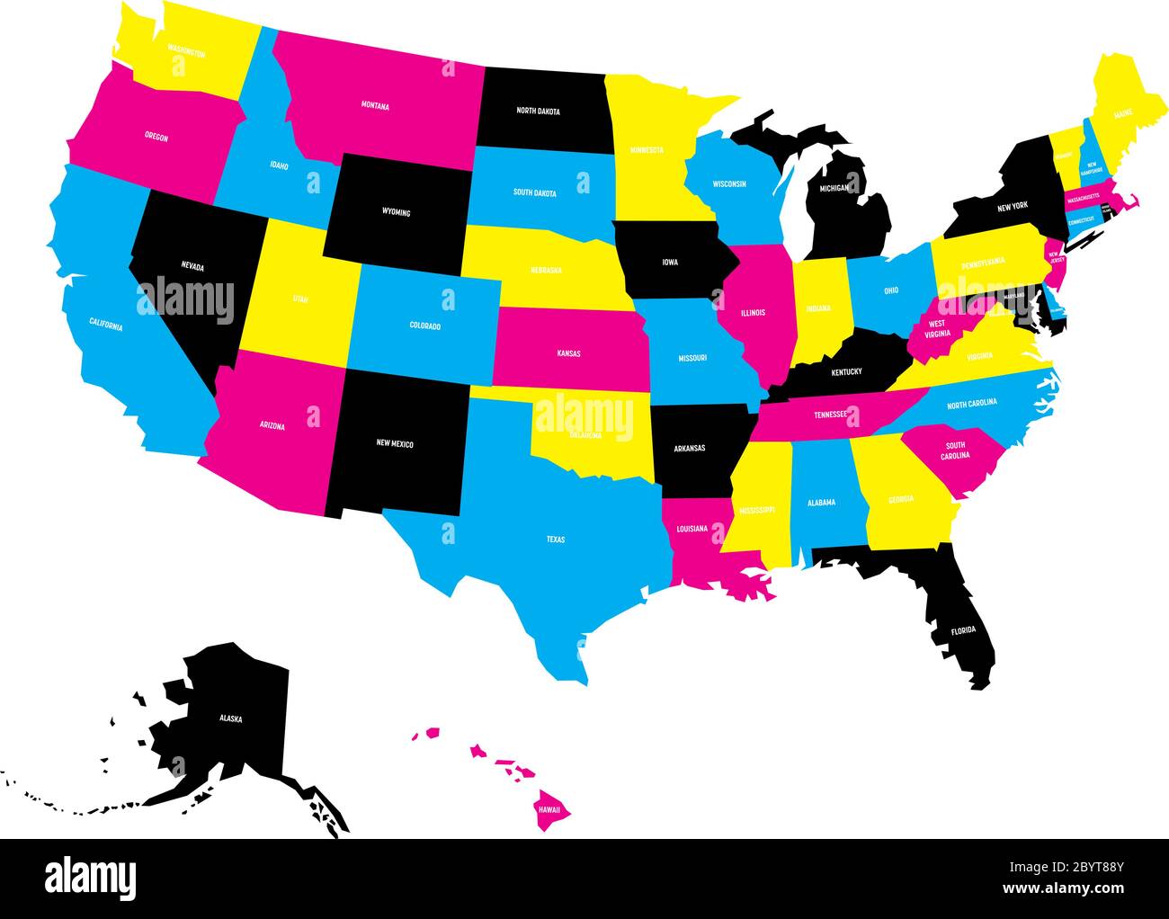 Mappa politica degli Stati Uniti d'America, in colori CMYK con etichette bianche su sfondo bianco. Illustrazione vettoriale. Illustrazione Vettoriale