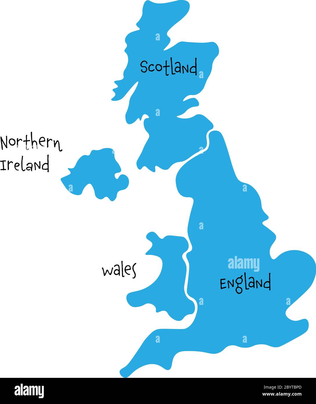Regno Unito, alias Regno Unito, della Gran Bretagna e dell'Irlanda del Nord ha tracciato una mappa vuota disegnata a mano. Diviso in quattro paesi: Inghilterra, Galles, Scozia e NI. Semplice illustrazione vettoriale piatta. Illustrazione Vettoriale