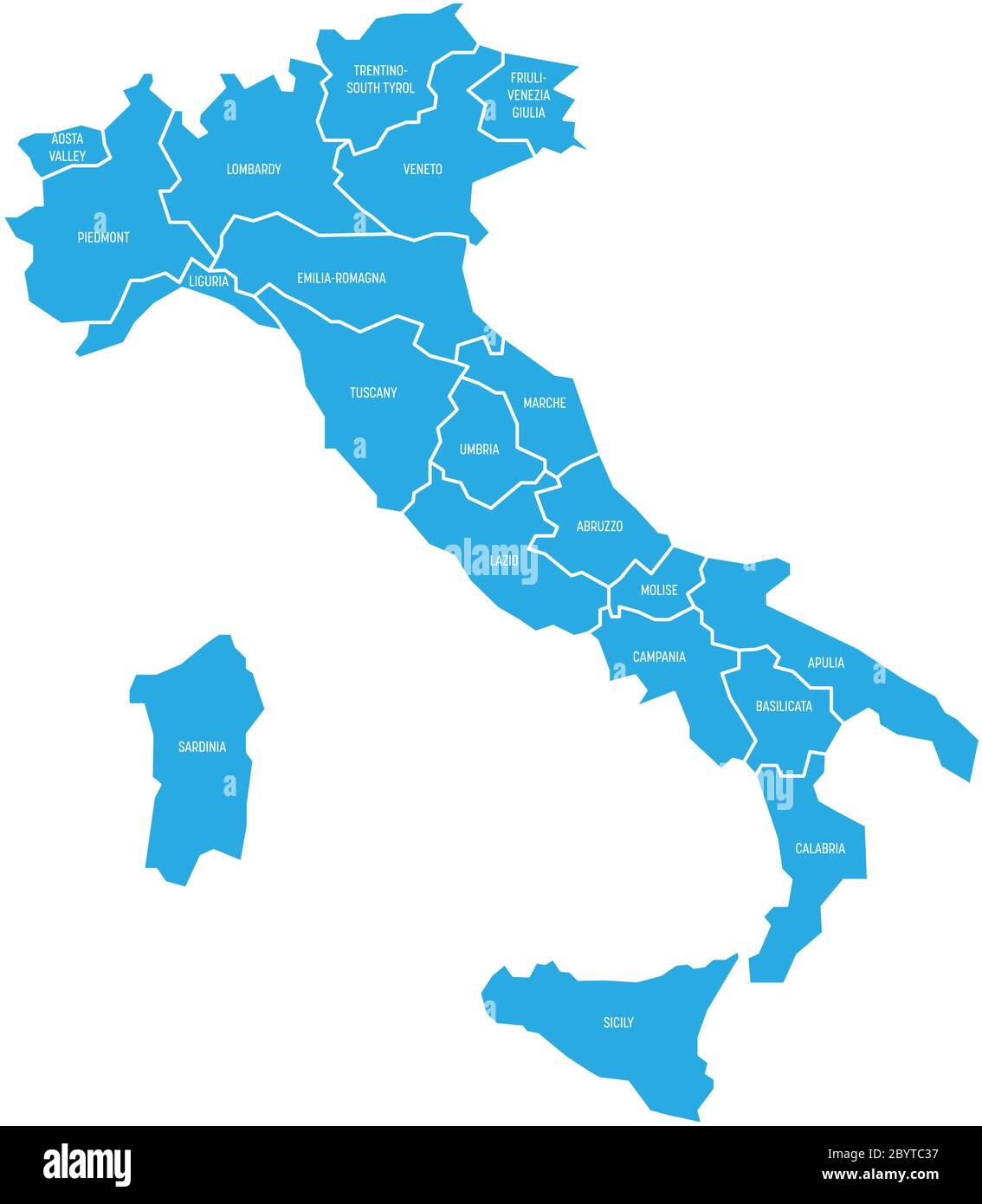 Mappa dell'Italia divisa in 20 regioni amministrative. Terra blu, bordi bianchi ed etichette bianche. Semplice illustrazione vettoriale piatta. Illustrazione Vettoriale