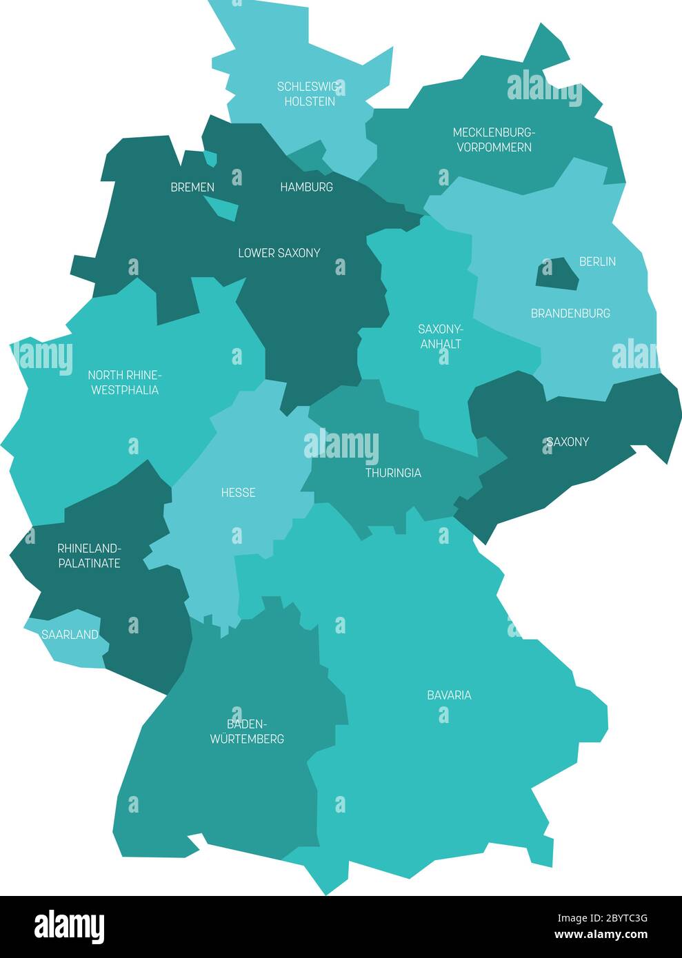 La mappa della Germania si è deviata a 13 stati federali e a 3 città-stati - Berlino, Brema e Amburgo, Europa. Semplice mappa vettoriale piatta in tonalità di blu turchese. Illustrazione Vettoriale