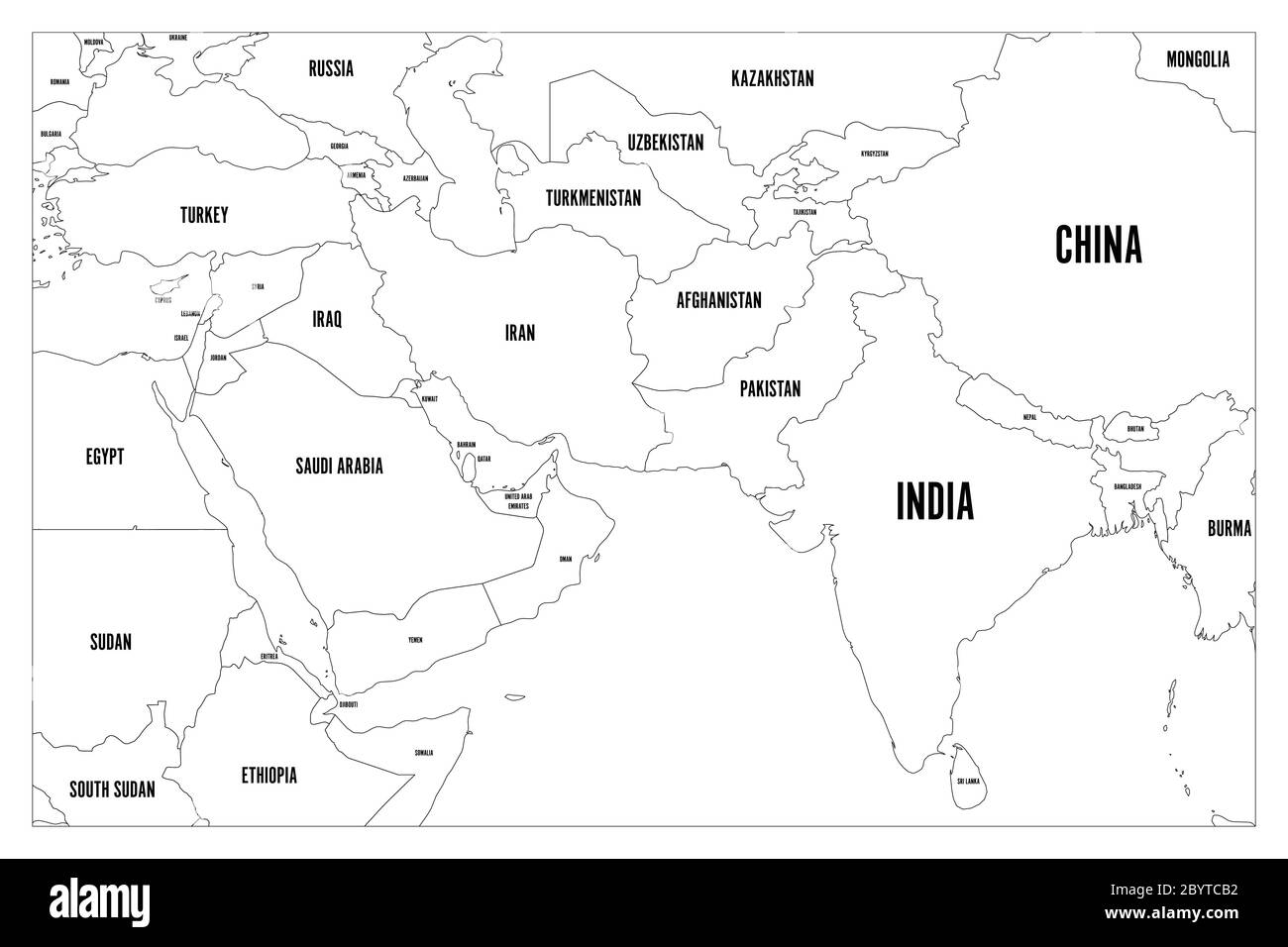 Mappa politica dei paesi dell'Asia meridionale e del Medio Oriente. Mappa vettoriale semplice e piatta con etichette per il nome del paese. Illustrazione Vettoriale