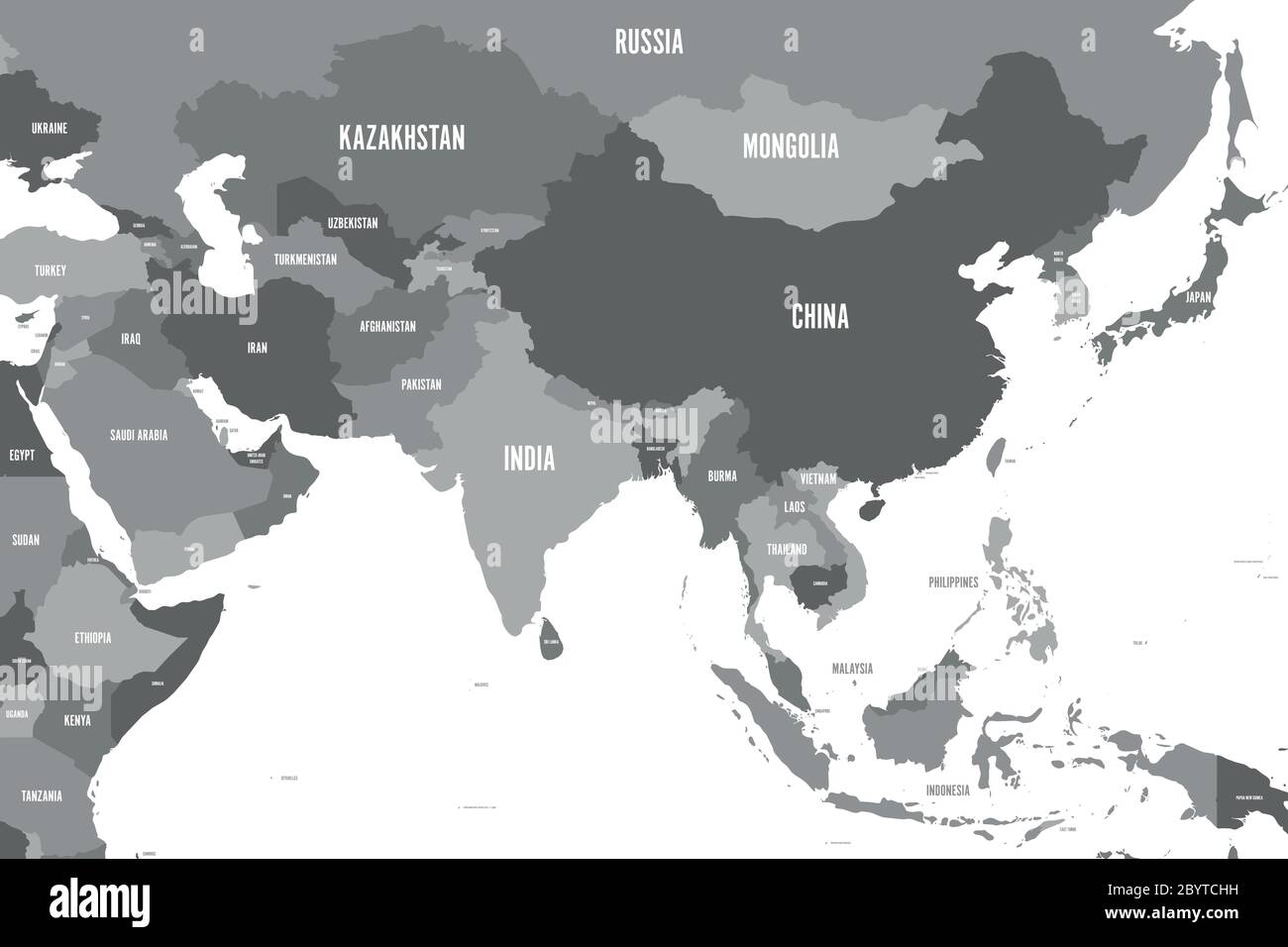 Mappa politica dell'Asia occidentale, meridionale e orientale in tonalità di grigio. Stile moderno semplice illustrazione vettoriale piatta. Illustrazione Vettoriale