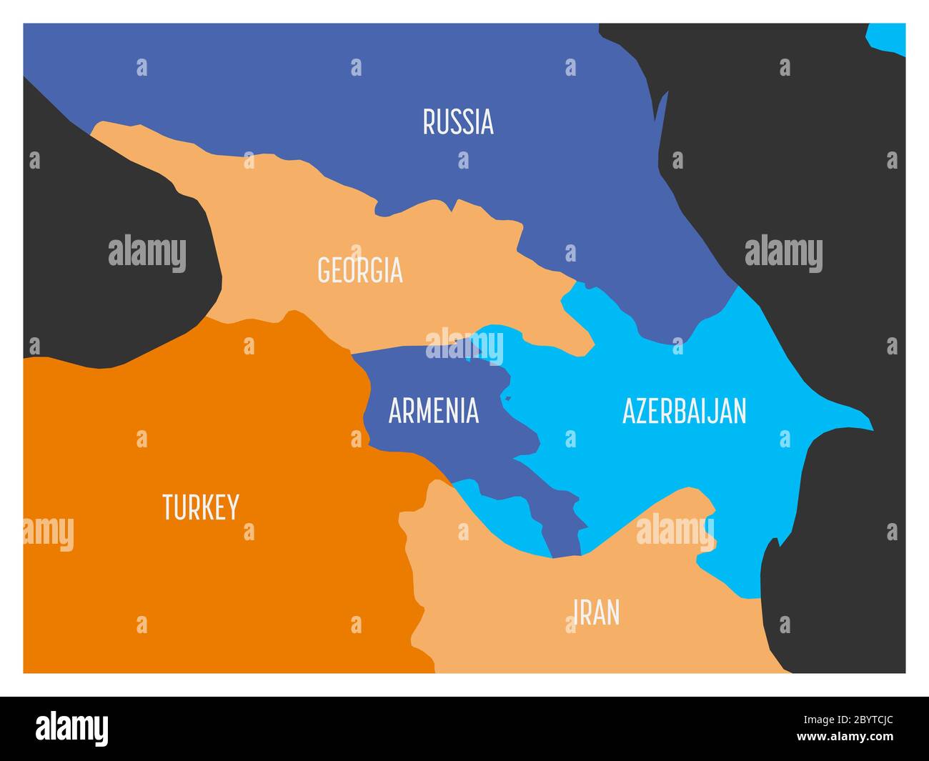 Mappa della regione caucasica con gli stati di Georgia, Armenia, Azerbaigian, Russia Turchia e Iran. Semplice mappa vettoriale piatta in quattro colori con bordi bianchi e etichette bianche. Illustrazione Vettoriale