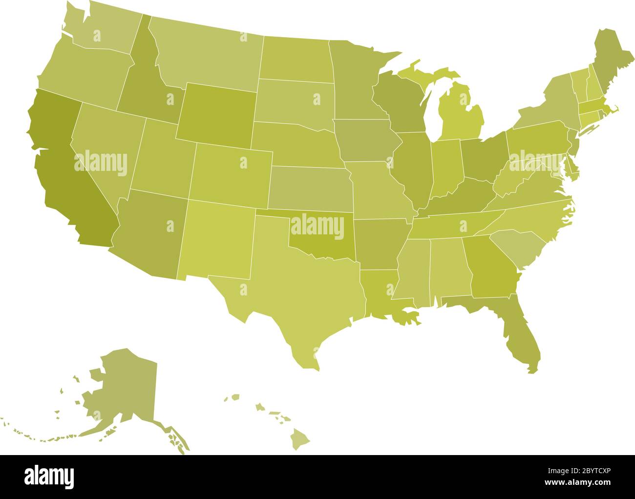 Mappa vuota degli stati Uniti d'America. Illustrazione vettoriale in sfumature verdi su sfondo bianco. Illustrazione Vettoriale