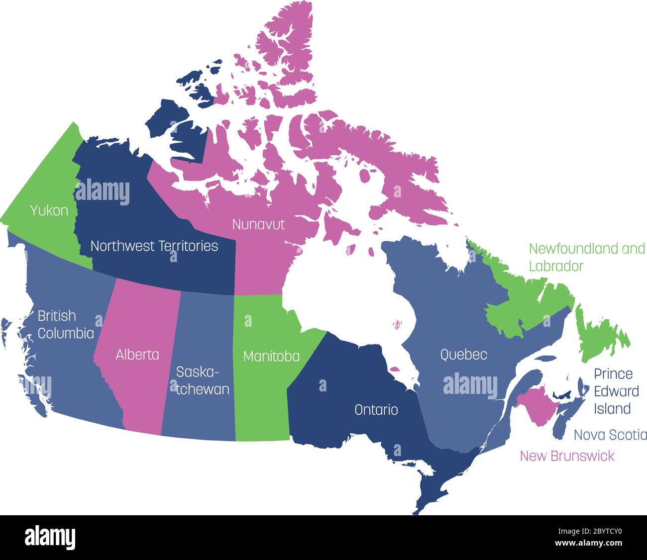 Mappa del Canada divisa in 10 province e 3 territori. Regioni amministrative del Canada. Mappa multicolore con etichette. Illustrazione vettoriale. Illustrazione Vettoriale