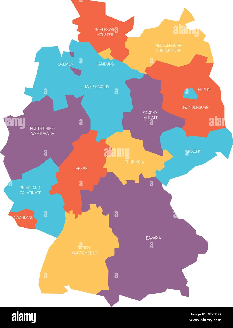 La mappa della Germania si è deviata a 13 stati federali e a 3 città-stati - Berlino, Brema e Amburgo, Europa. Semplice mappa vettoriale piatta in quattro colori con etichette bianche. Illustrazione Vettoriale