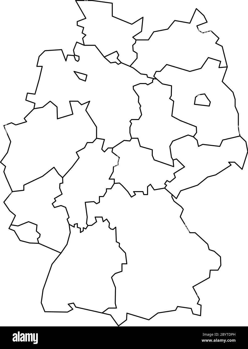 La mappa della Germania si è deviata a 13 stati federali e a 3 città-stati - Berlino, Brema e Amburgo, Europa. Semplice mappa vettoriale bianca piatta con contorni neri. Illustrazione Vettoriale