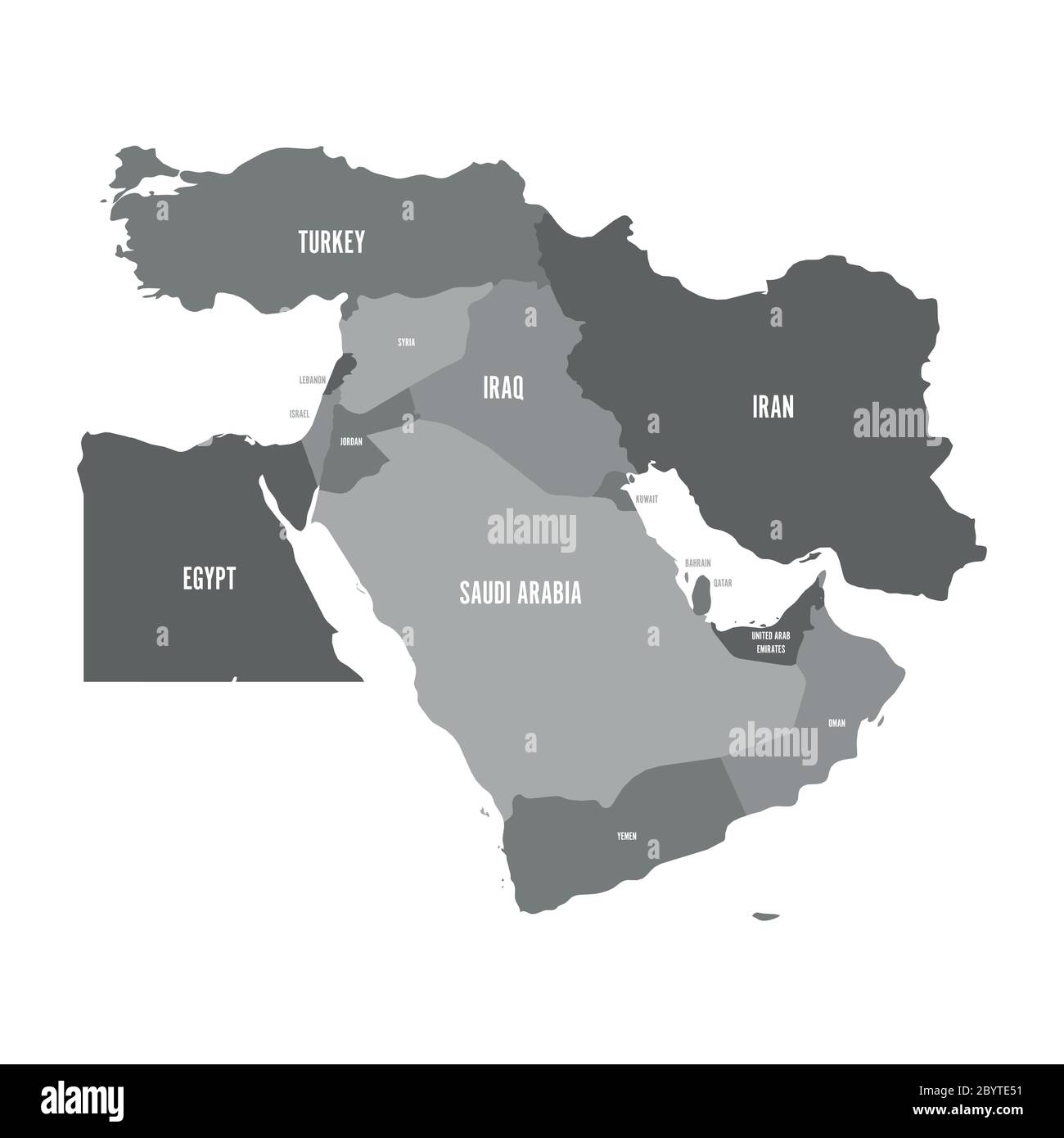 Mappa del Medio Oriente, o del Vicino Oriente, in tonalità di grigio. Semplice immagine vettoriale piatta. Illustrazione Vettoriale
