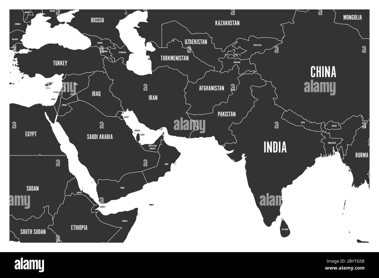 Mappa politica dei paesi dell'Asia meridionale e del Medio Oriente. Semplice mappa vettoriale piatta in grigio. Illustrazione Vettoriale