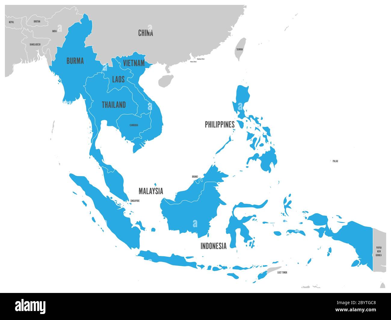Comunità economica ASEAN, AEC, mappa. Mappa grigia con i paesi membri evidenziati in blu, Sud-est asiatico. Illustrazione vettoriale. Illustrazione Vettoriale