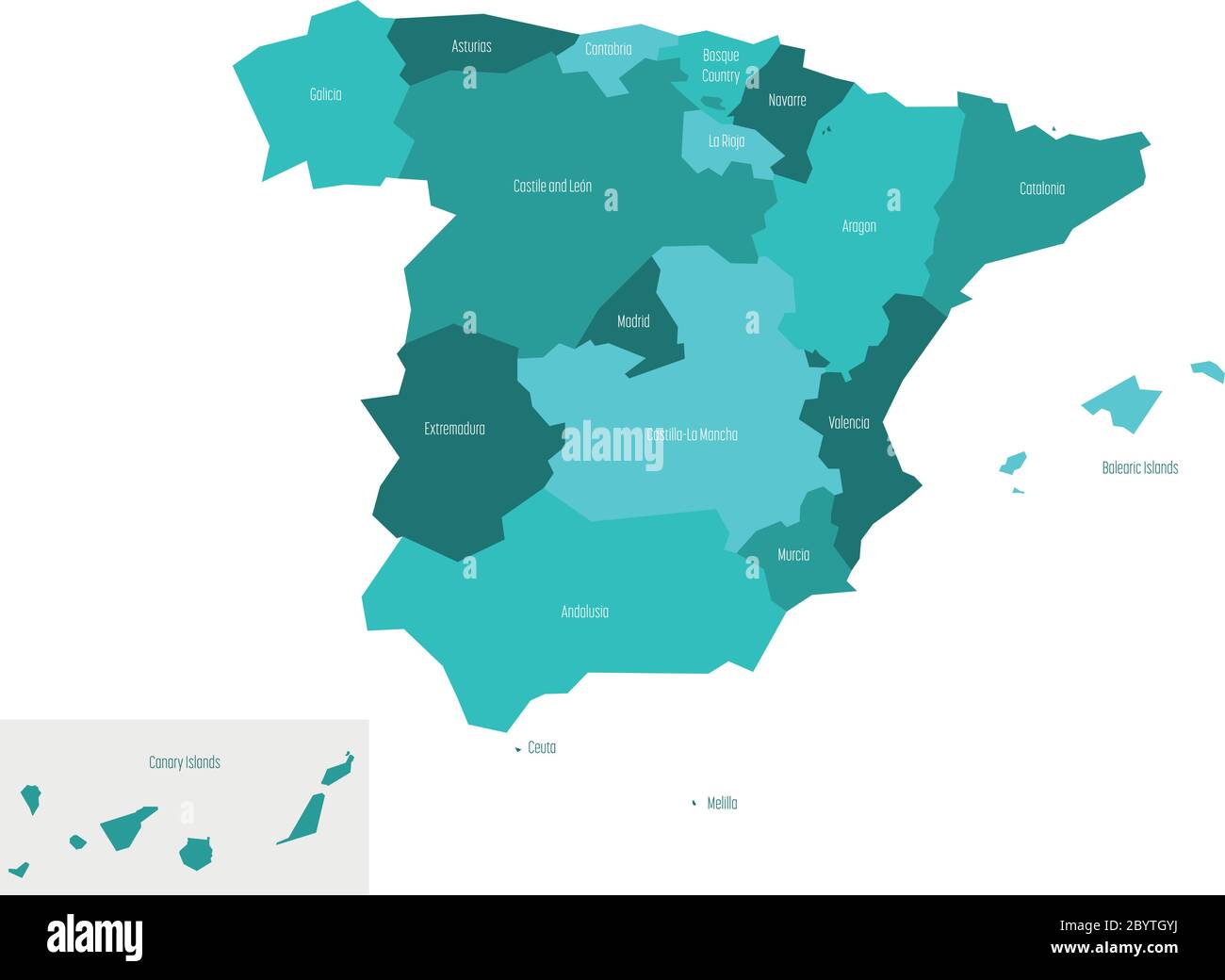 La carta della Spagna si è deviata a 17 comunità amministrative autonome. Semplice mappa vettoriale piatta in tonalità di blu turchese. Illustrazione Vettoriale
