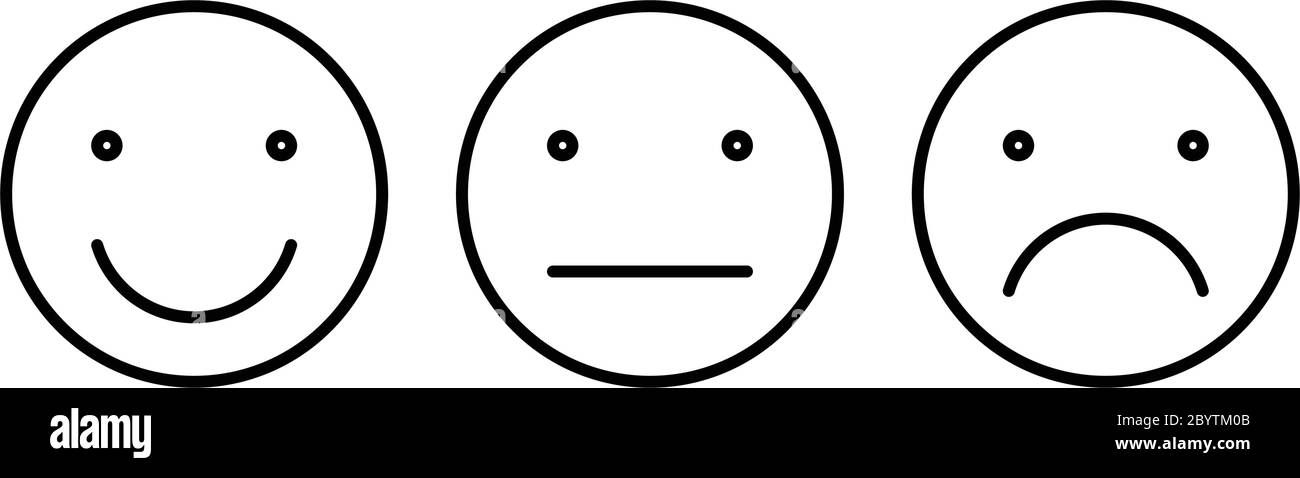 Set di emoticon di base. Tre espressioni facciali di feedback: Positivo, neutro e negativo. Icone vettoriali semplici con contorno nero. Illustrazione Vettoriale