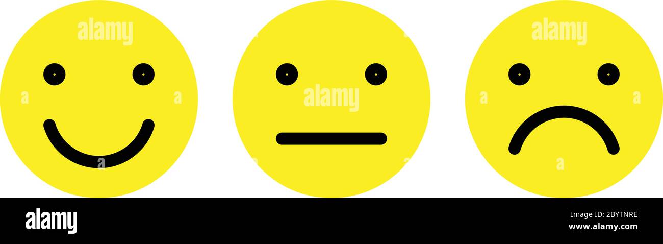 Set di emoticon di base. Tre espressioni facciali della scala di feedback - da positiva a negativa. Icone vettoriali gialle semplici. Illustrazione Vettoriale