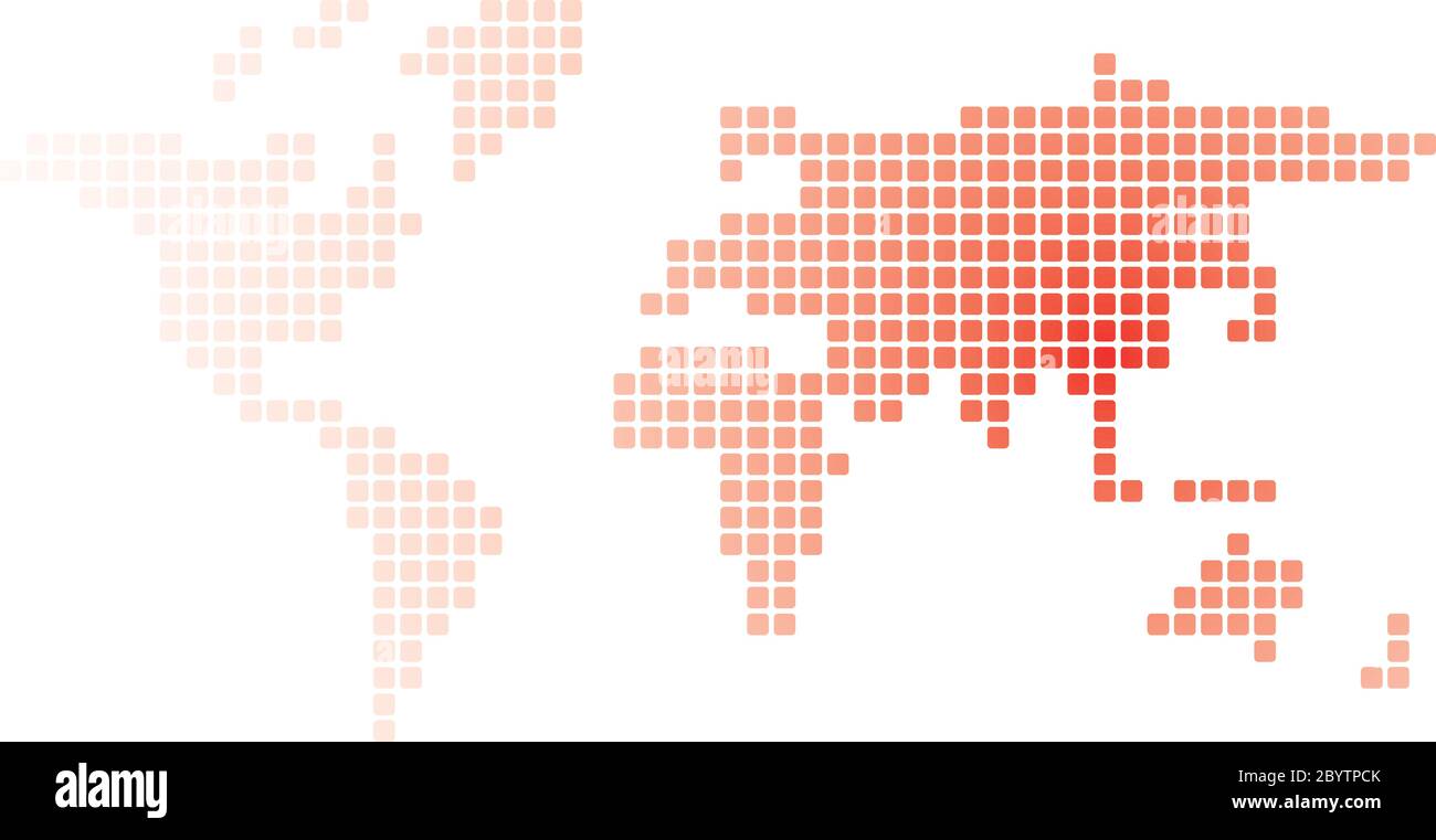 Covid 19 - malattia di Coronavirus 2019 mappa tematica del mondo. Mappa in pixel con epicentro rosso della disperazione del coronavirus a Wuhan, Cina. Illustrazione Vettoriale