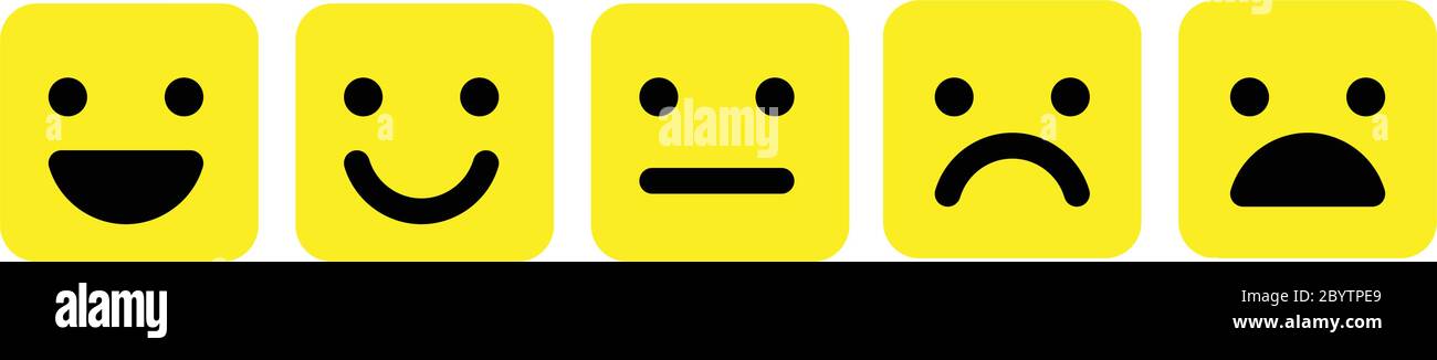 Emoticon di base quadrate con angoli arrotondati. Cinque espressioni facciali della scala di feedback - da positiva a negativa. Icone vettoriali semplici e colorate. Illustrazione Vettoriale