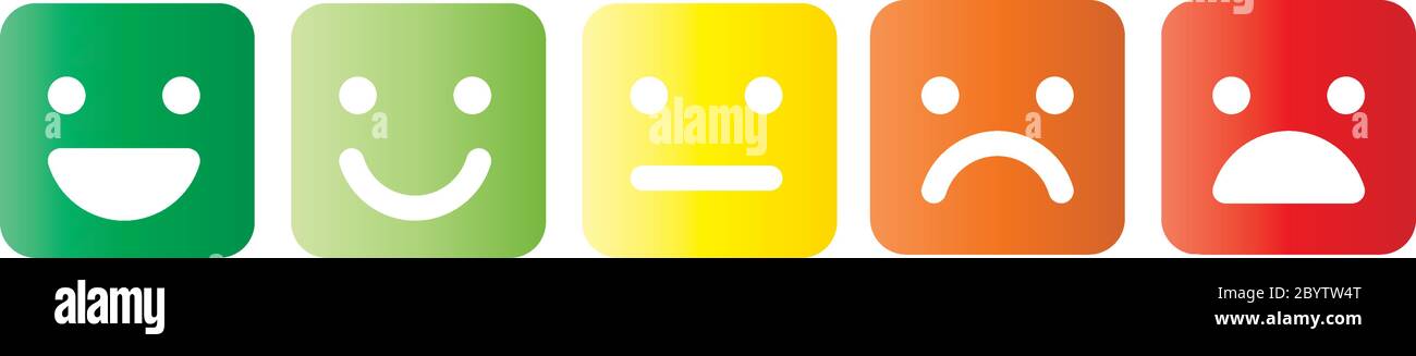 Emoticon di base quadrate con angoli arrotondati. Cinque espressioni facciali della scala di feedback - da positiva a negativa. Icone vettoriali semplici e colorate. Illustrazione Vettoriale