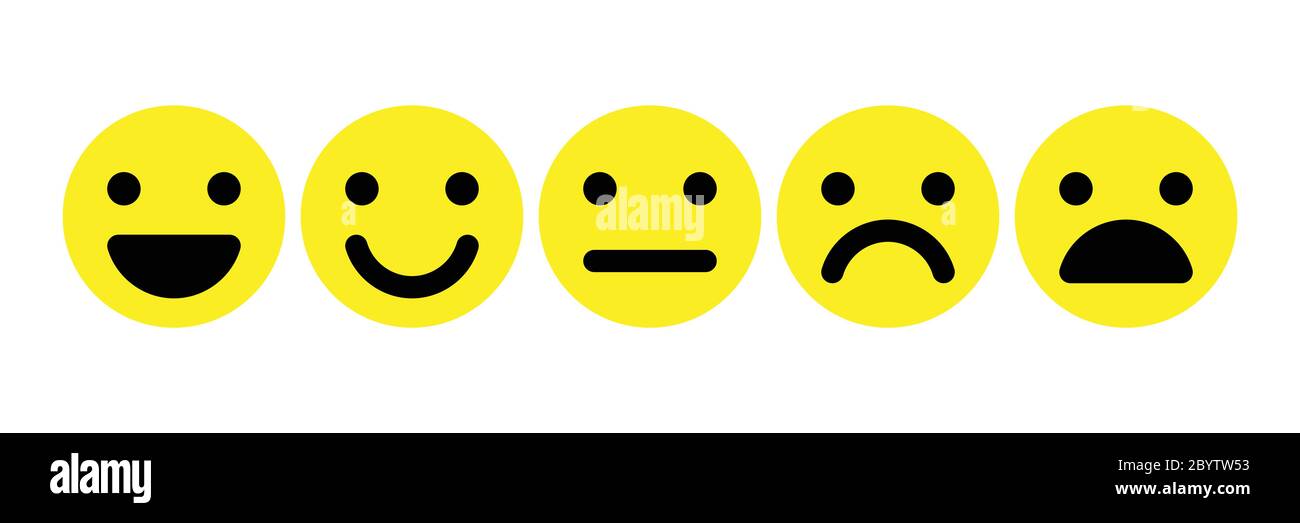 Set di emoticon di base. Cinque espressioni facciali della scala di feedback - da positiva a negativa. Icone vettoriali gialle semplici. Illustrazione Vettoriale