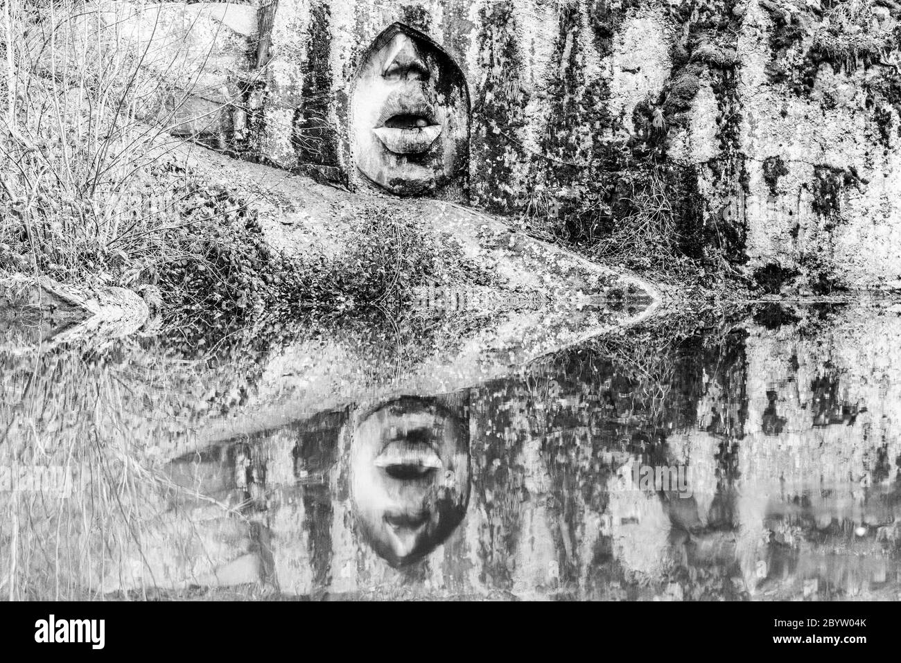 LIPNICE NAD SAZAVOU, REPUBBLICA CECA - 31 DICEMBRE 2018: La bocca della verità scupture in vecchia cava di granito roccia vicino al Castello di Lipnice. Immagine in bianco e nero. Foto Stock