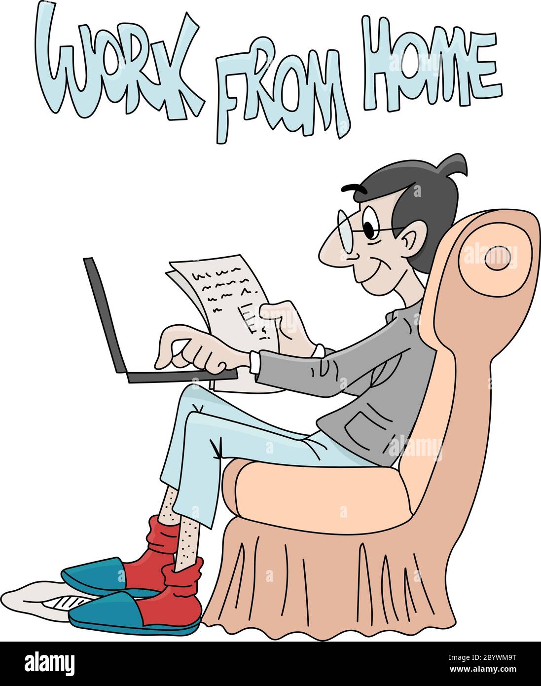 Cartoon uomo rimanere a casa e lavorare da casa per essere al sicuro da corona virus illustrazione vettore Illustrazione Vettoriale