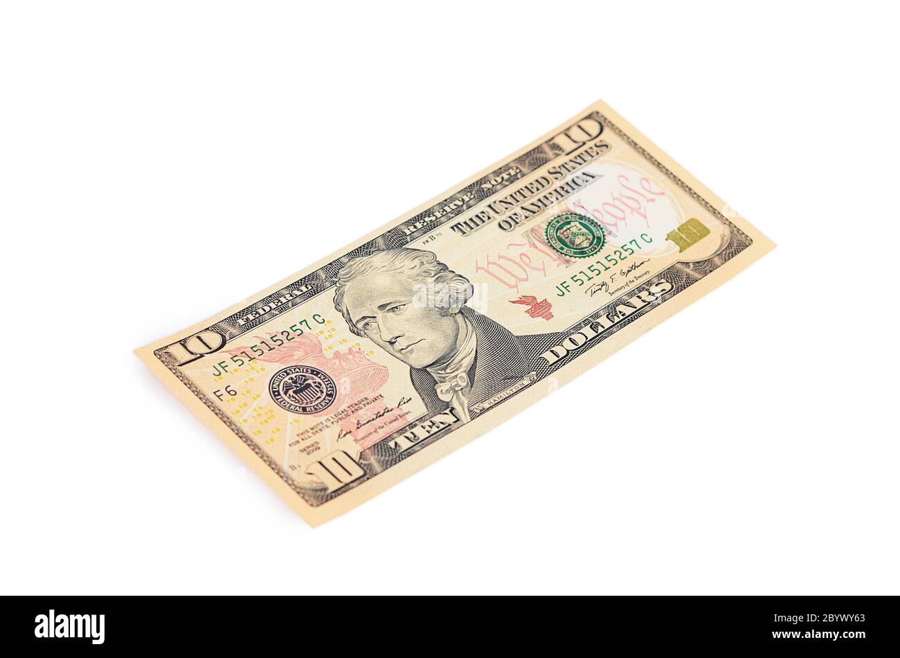 I dieci dollari isolati su bianco Foto Stock