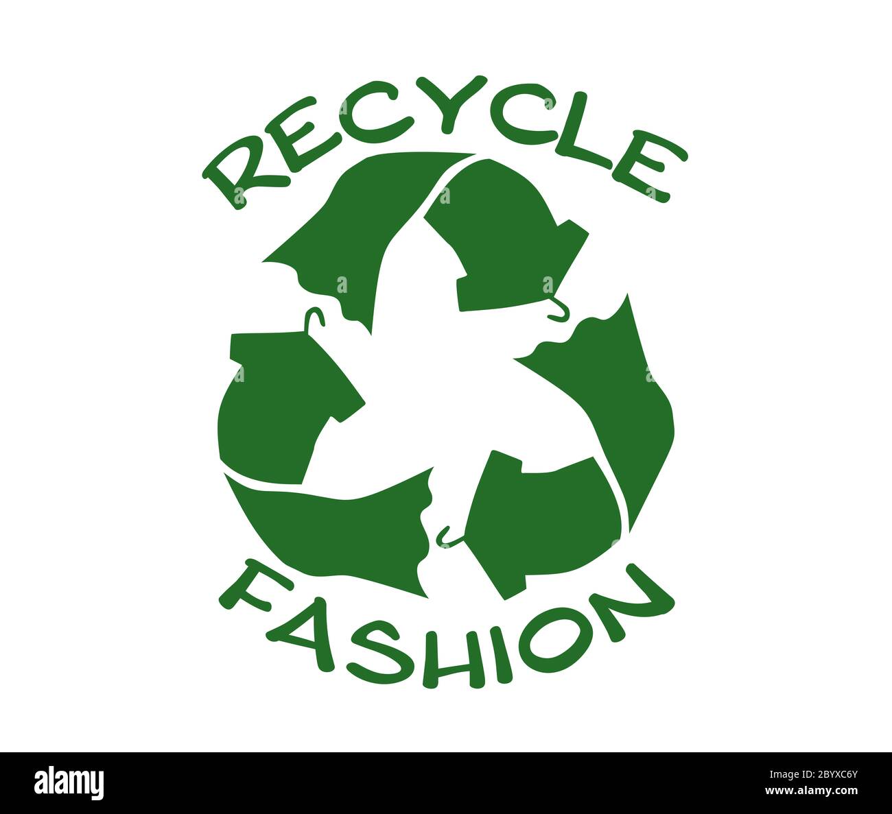 Riciclare la moda con il simbolo del riciclaggio dei tessuti segno, la moda sostenibile per l'ambiente per riutilizzare i rifiuti, ridurre le discariche e salvare il pianeta Foto Stock