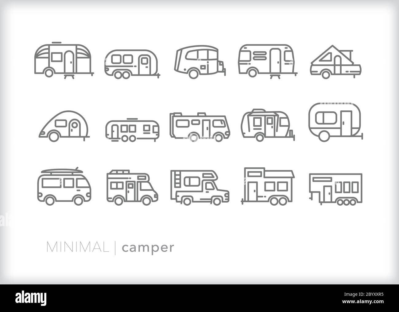 Set di icone di camper line per viaggi, vacanze e stile di vita in casa a motore, casa mobile, casa piccola o rimorchio Illustrazione Vettoriale