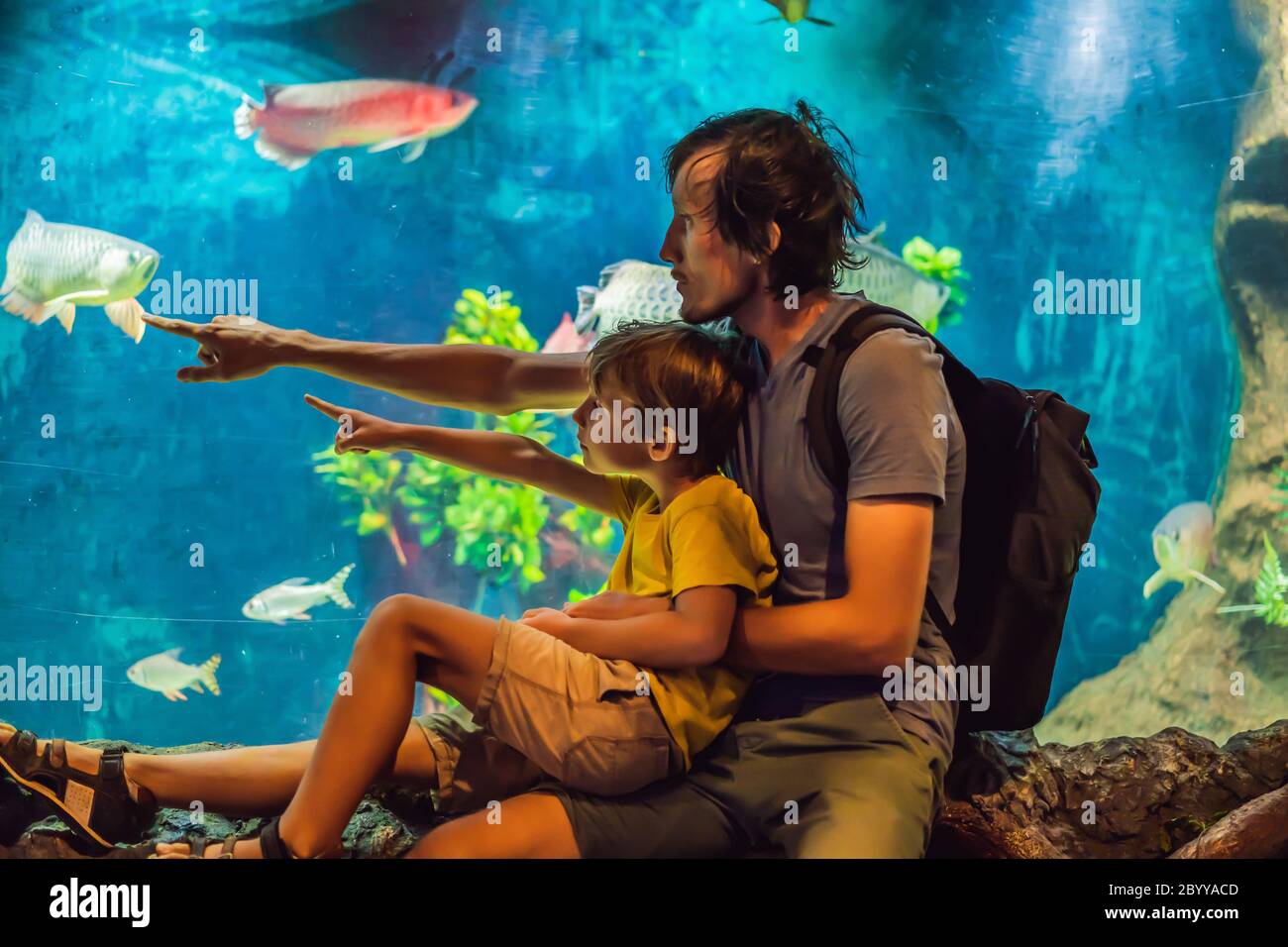 Padre e figlio guardare dei pesci in acquario in oceanarium Foto Stock