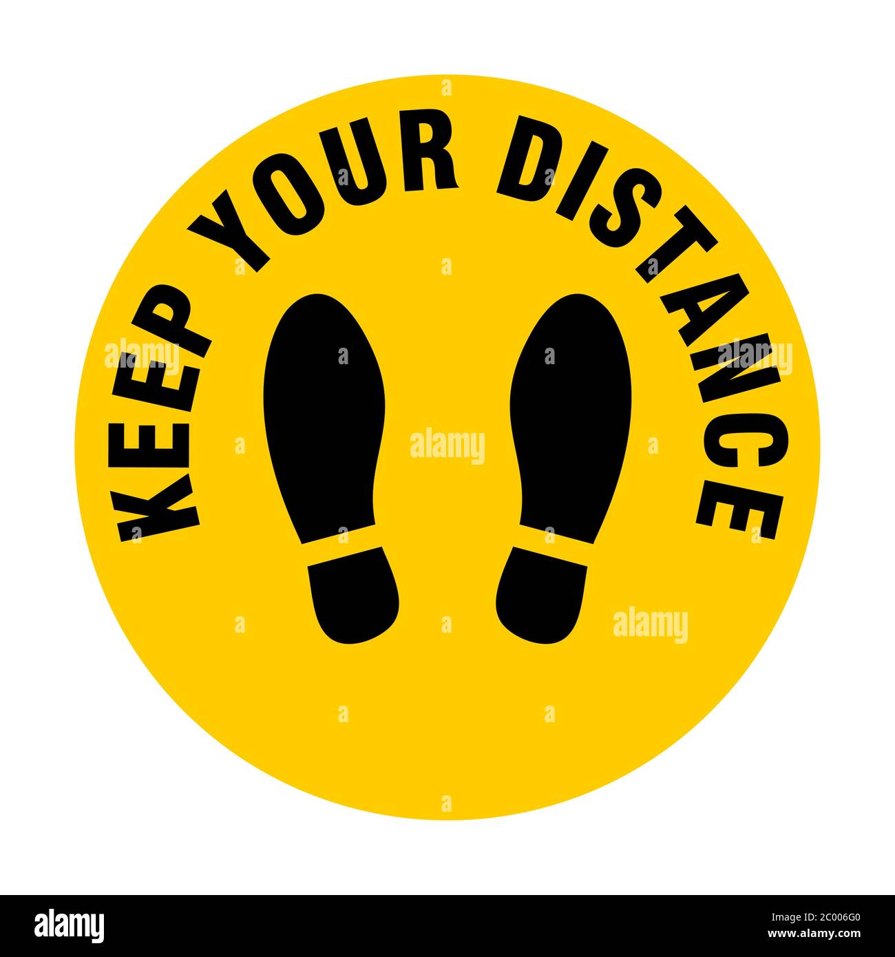Titel Mantieni la tua distanza Round Floor Marking icona con testo e Shoeprints per coda linea o altri scopi che richiedono Social Distancing. Immagine vettoriale. Illustrazione Vettoriale