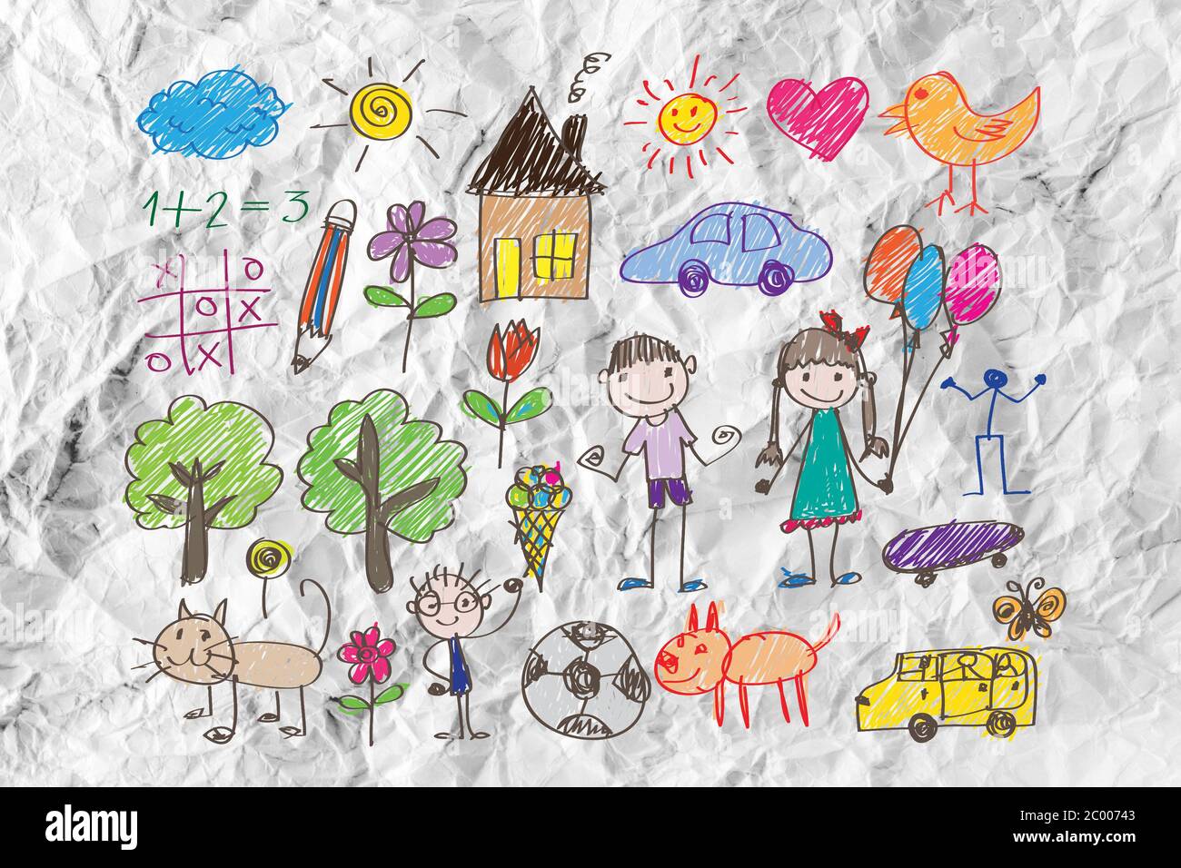 Bambini i disegni idea design su carta sgualcita Foto Stock