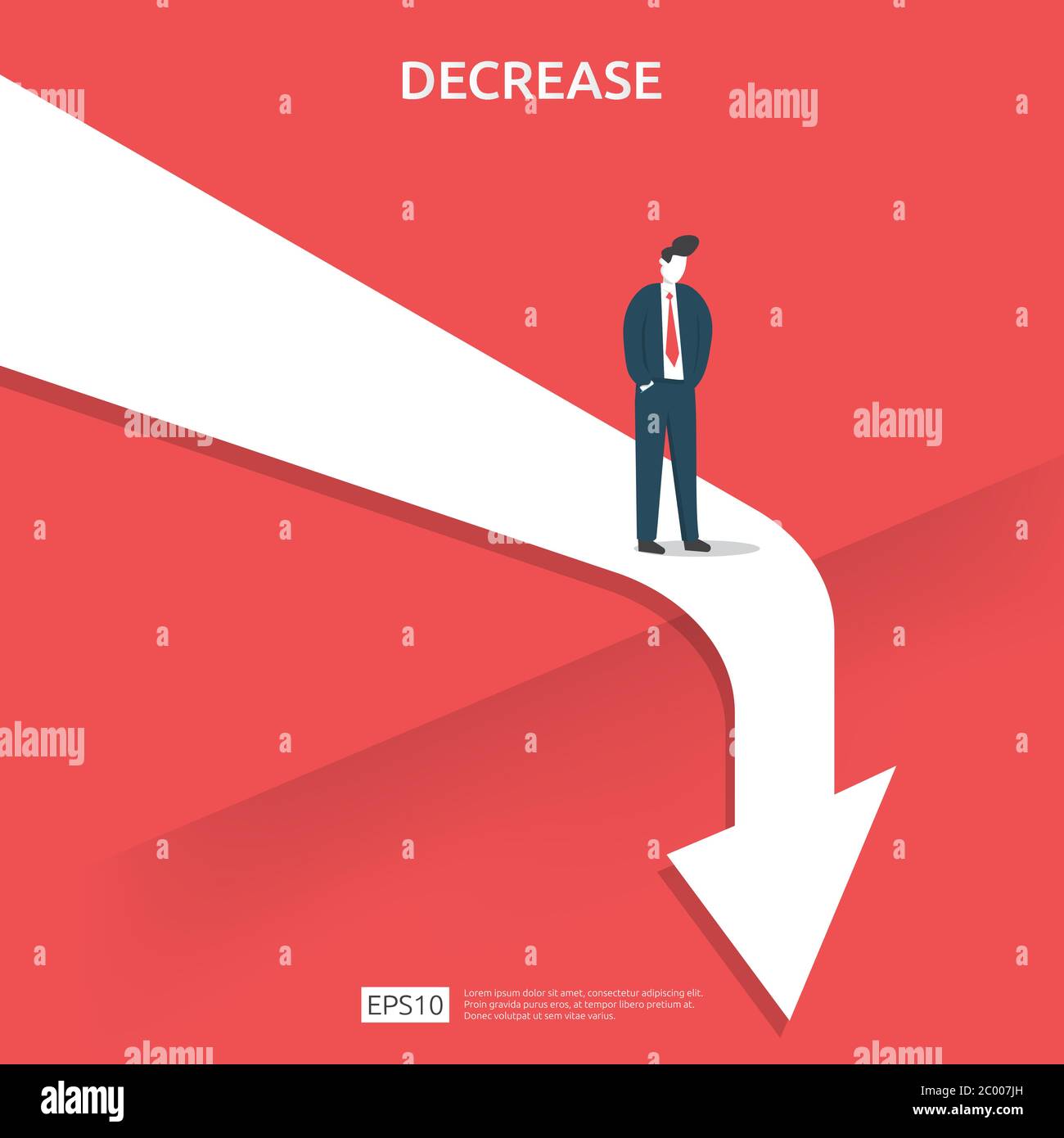 il concetto di crisi finanziaria aziendale. il denaro cade. la freccia riduce l'economia allungando la discesa. la crisi persa fallisce. la riduzione dei costi Illustrazione Vettoriale