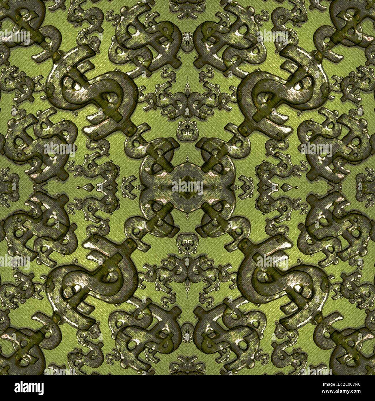 Simbolo del dollaro o simbolo del denaro motivo composizione artistica modello in stile grunge in toni verdi su sfondo giallo verde. Foto Stock