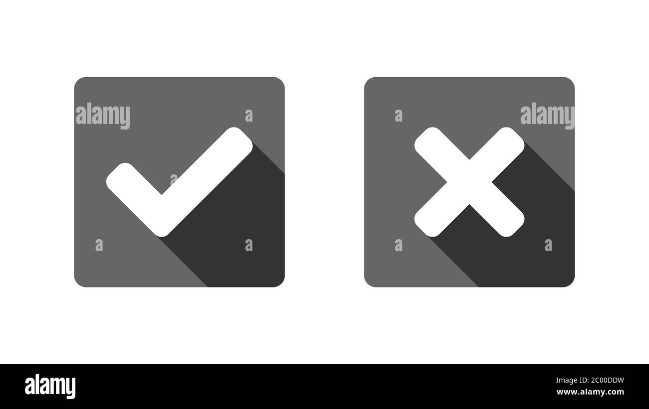 Sì e No o destra e sbagliato o approvato e rifiutato icone con ombra in quadrati grigi con angoli arrotondati. Imag. Vettore Illustrazione Vettoriale