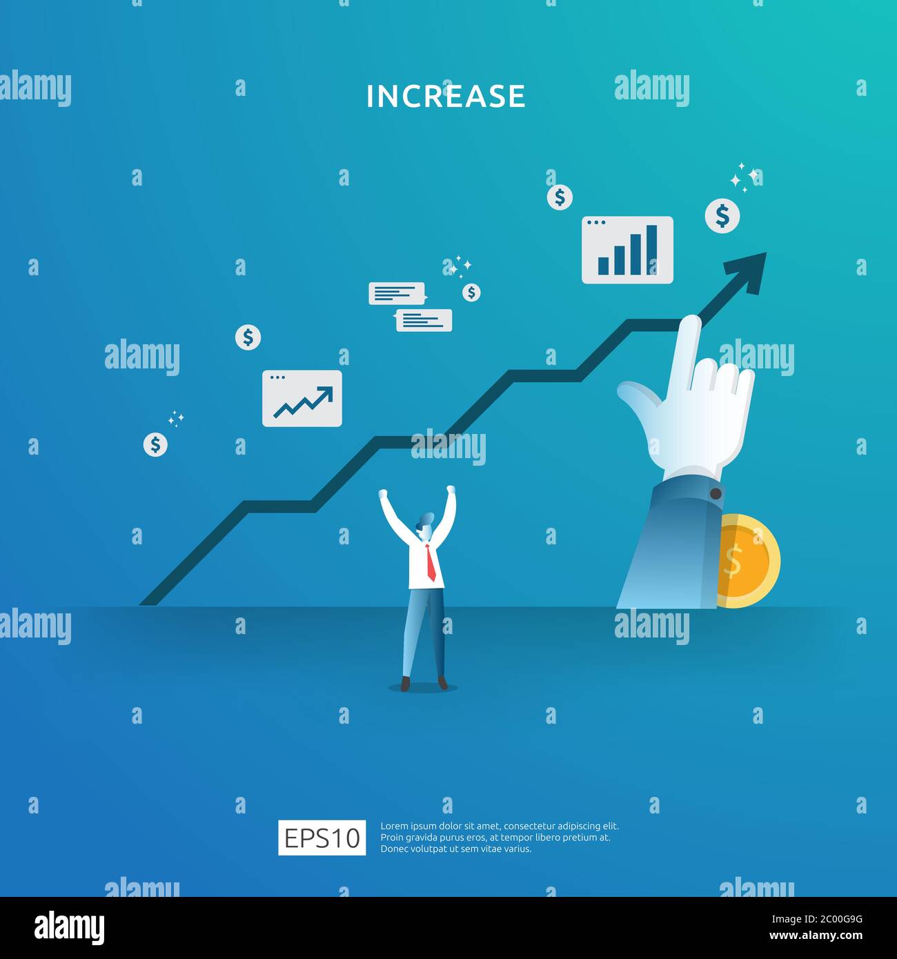 reddito tasso di aumento di concetto di aumento del tasso di stipendio illustrazione con il carattere e freccia della gente. business profitto crescita, vendita crescere margine di profitto con simbolo del dollaro Illustrazione Vettoriale