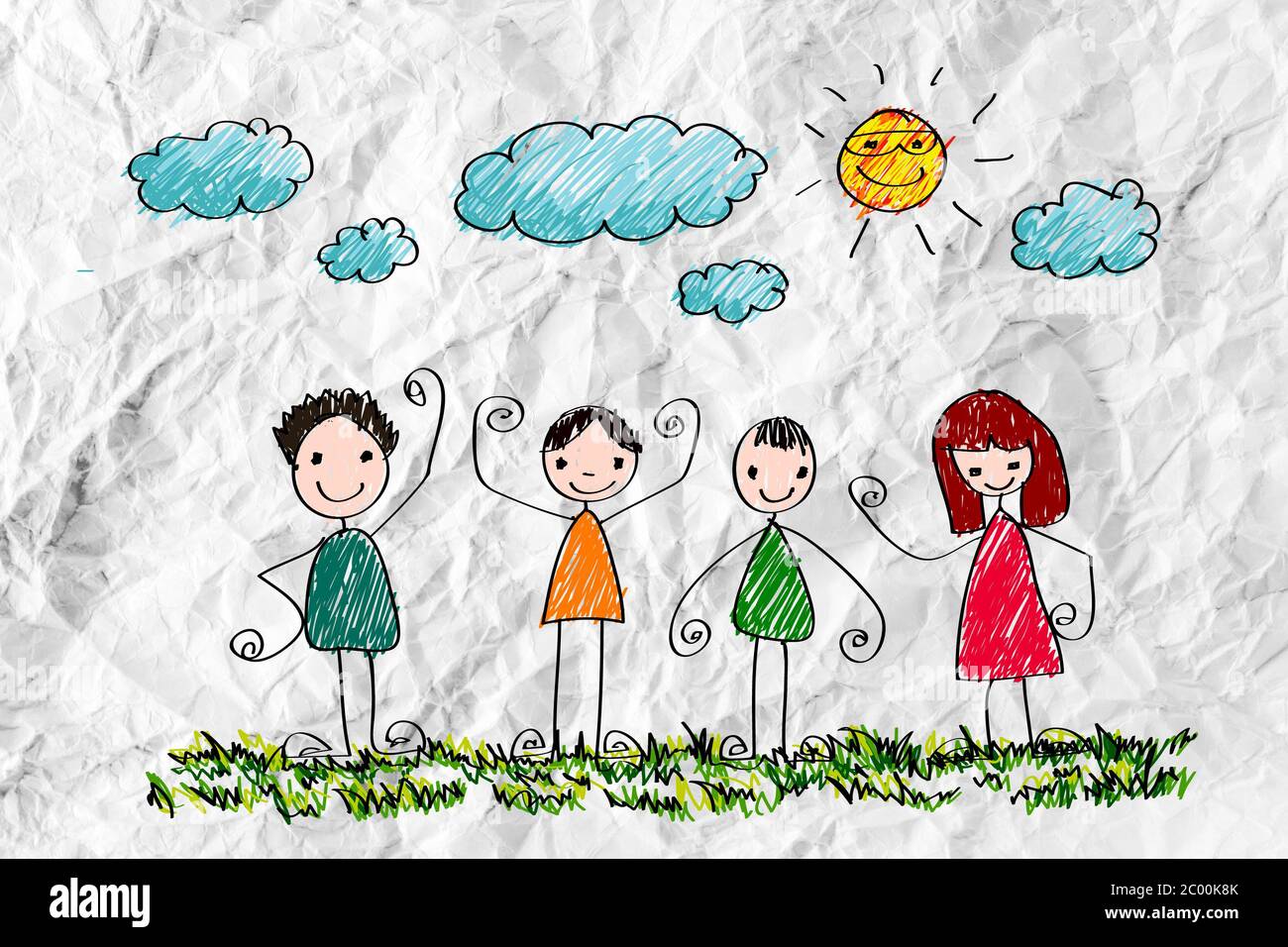 Bambini i disegni idea design su carta sgualcita Foto Stock