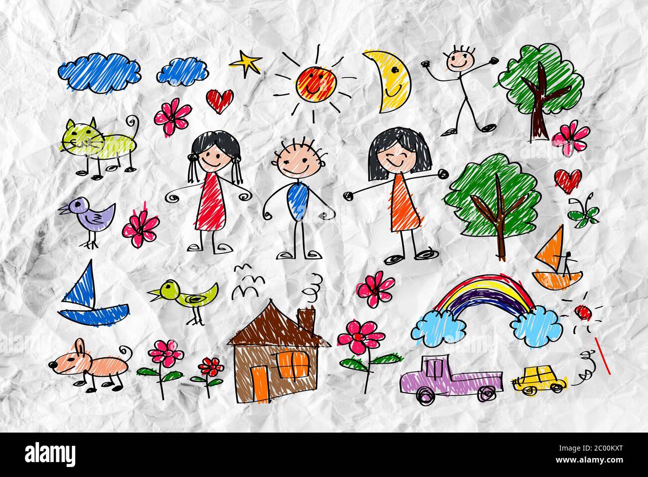 Bambini i disegni idea design su carta sgualcita Foto Stock