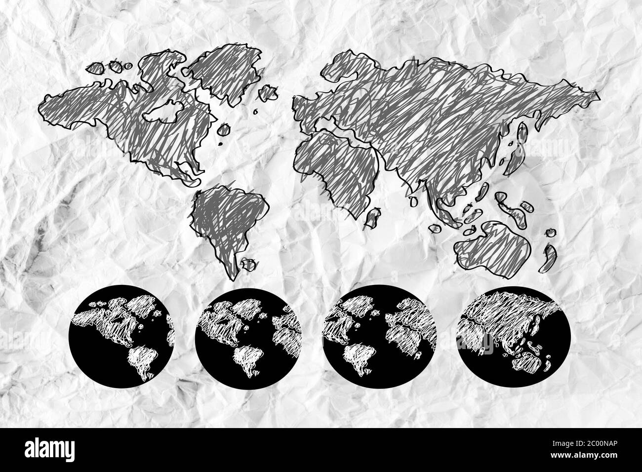 Pianeta Terra temi icone idea design su carta sgualcita Foto Stock