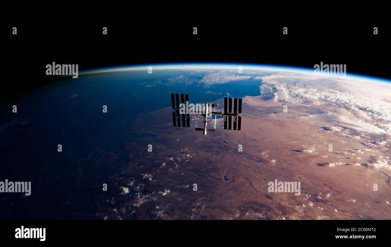 Stazione spaziale Internazionale (ISS) orbitante la Terra nello spazio - SpaceX & NASA Research - ISS satellite Sunset View Low Orbit - modello 3D by NASA Foto Stock
