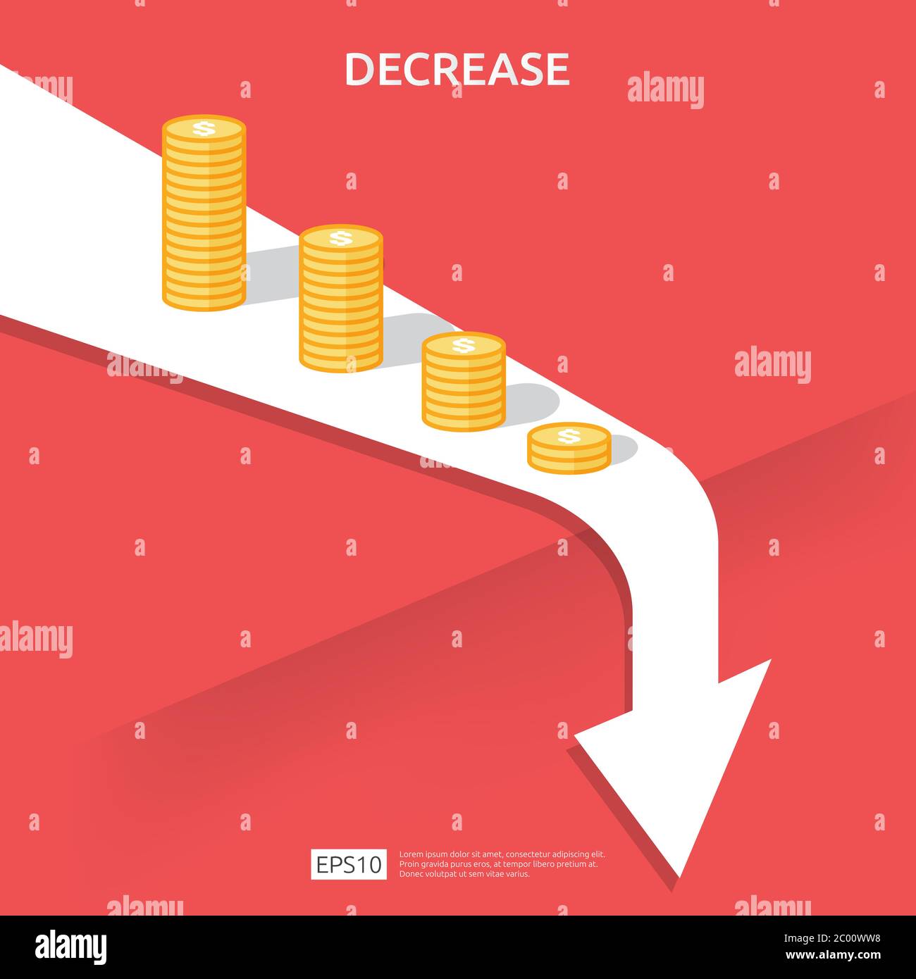 il concetto di crisi finanziaria aziendale. il denaro cade. la freccia riduce l'economia allungando la discesa. la crisi persa fallisce. la riduzione dei costi Illustrazione Vettoriale