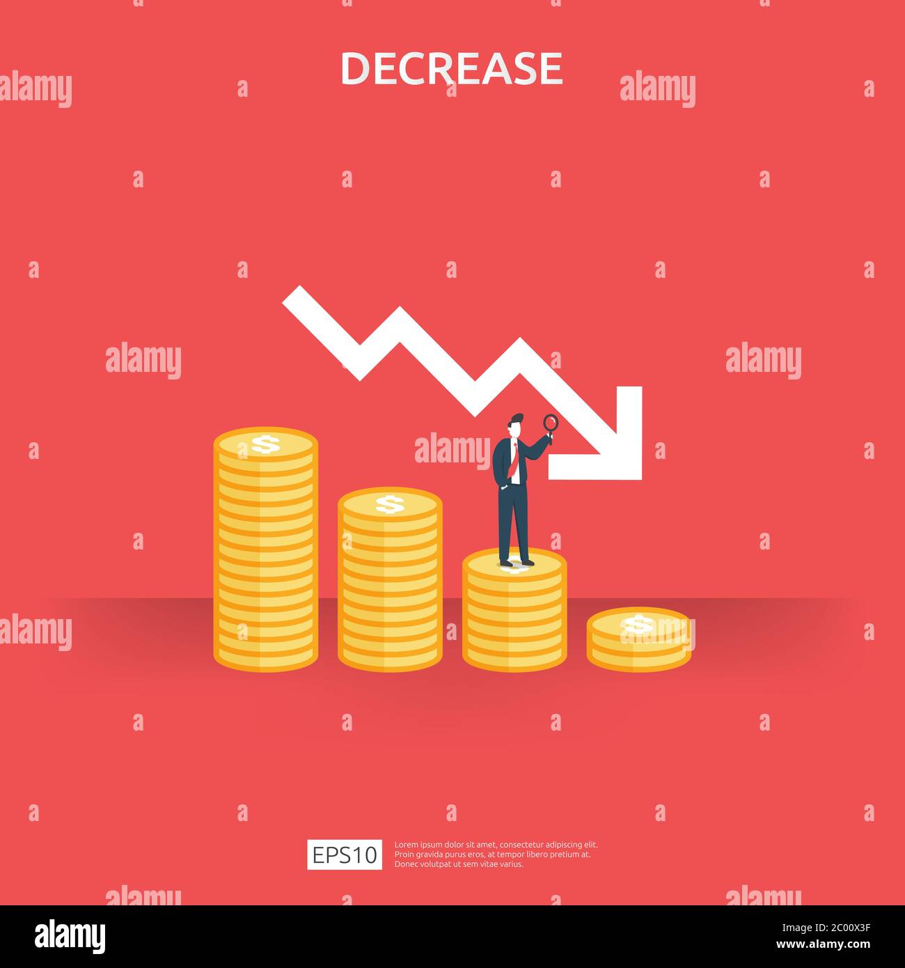 il concetto di crisi finanziaria aziendale. il denaro cade. la freccia riduce l'economia allungando la discesa. la crisi persa fallisce. la riduzione dei costi Illustrazione Vettoriale