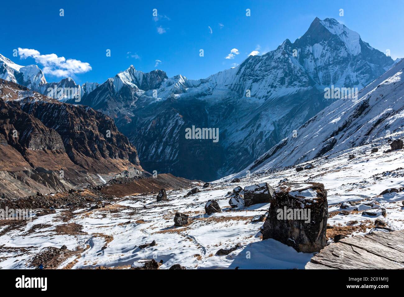 Annapurna base campo vista sul monte Machapuchre Foto Stock