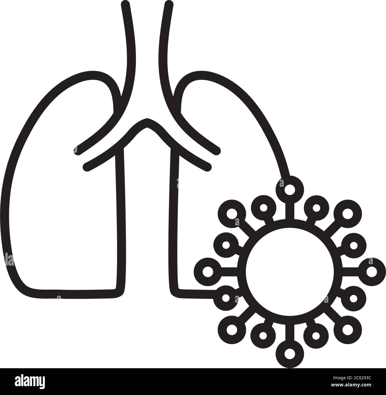 polmoni umani con virus, cellule del virus nei polmoni, polmoni infetti, organi interni dell'uomo, disegno di illustrazione vettoriale di icona stile di linea Illustrazione Vettoriale polmoni umani con virus, cellule del virus nei polmoni, polmoni infetti, organi interni dell'uomo, disegno di illustrazione vettoriale di icona stile di linea Illustrazione Vettoriale
