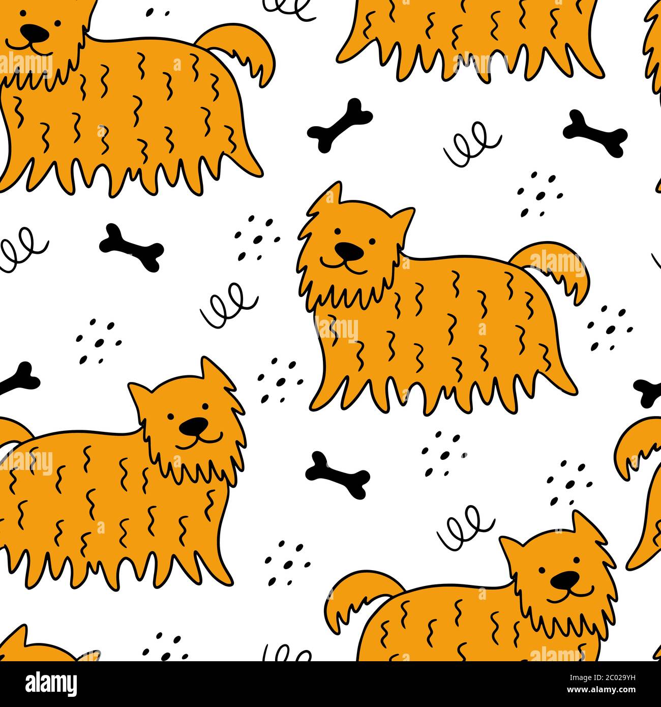 Motivo senza cuciture con cani disegnati a mano su sfondo bianco. Illustrazione vettoriale scandinava. Può essere utilizzato per carta da parati, tessuti, imballaggi. Illustrazione Vettoriale