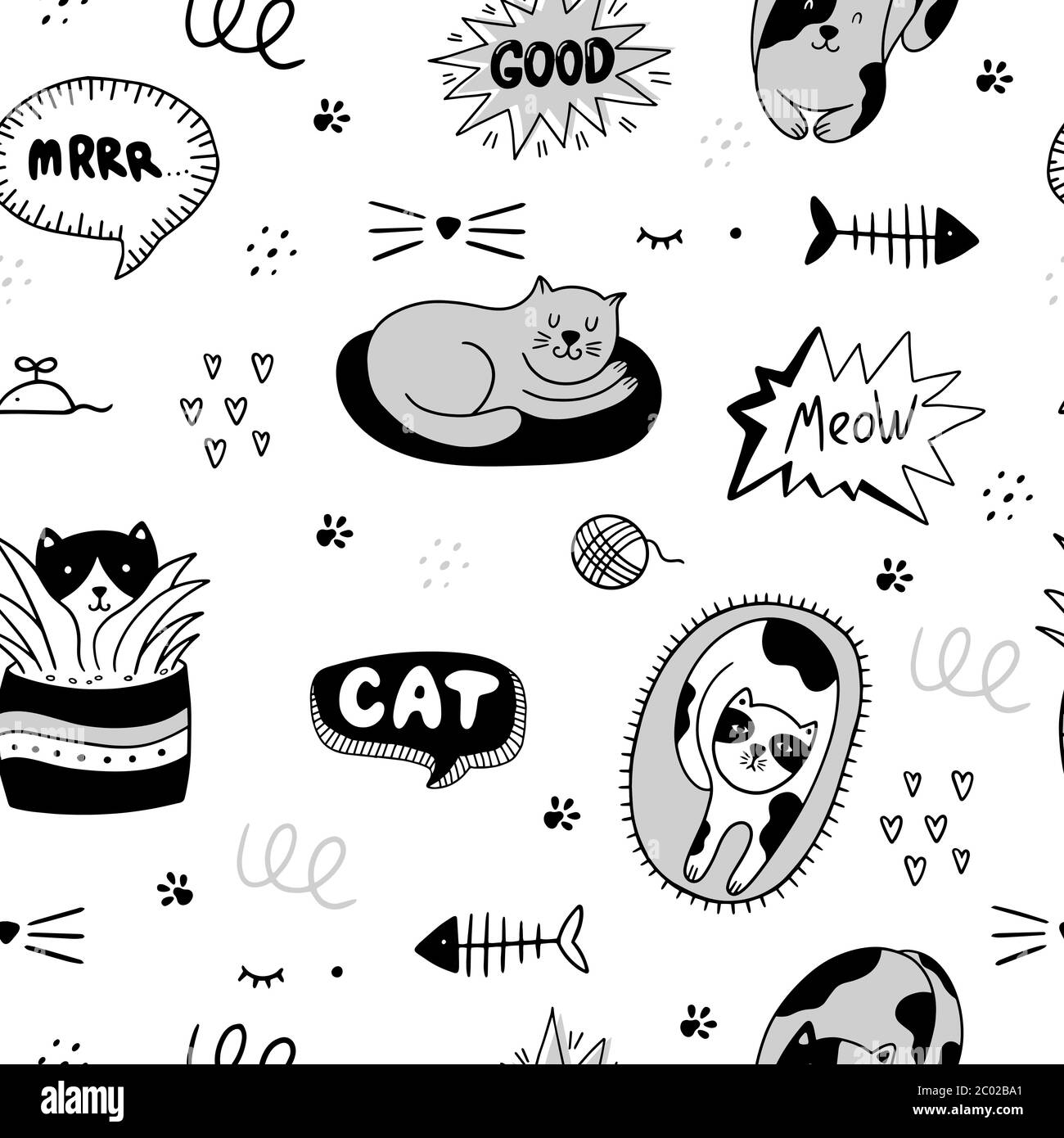 Cute gatti senza cuciture modello. Illustrazione vettoriale con gatti, zampe, pesci, bolle di parole, frasi su sfondo grigio. Può essere utilizzato per tessuti, pareti Illustrazione Vettoriale