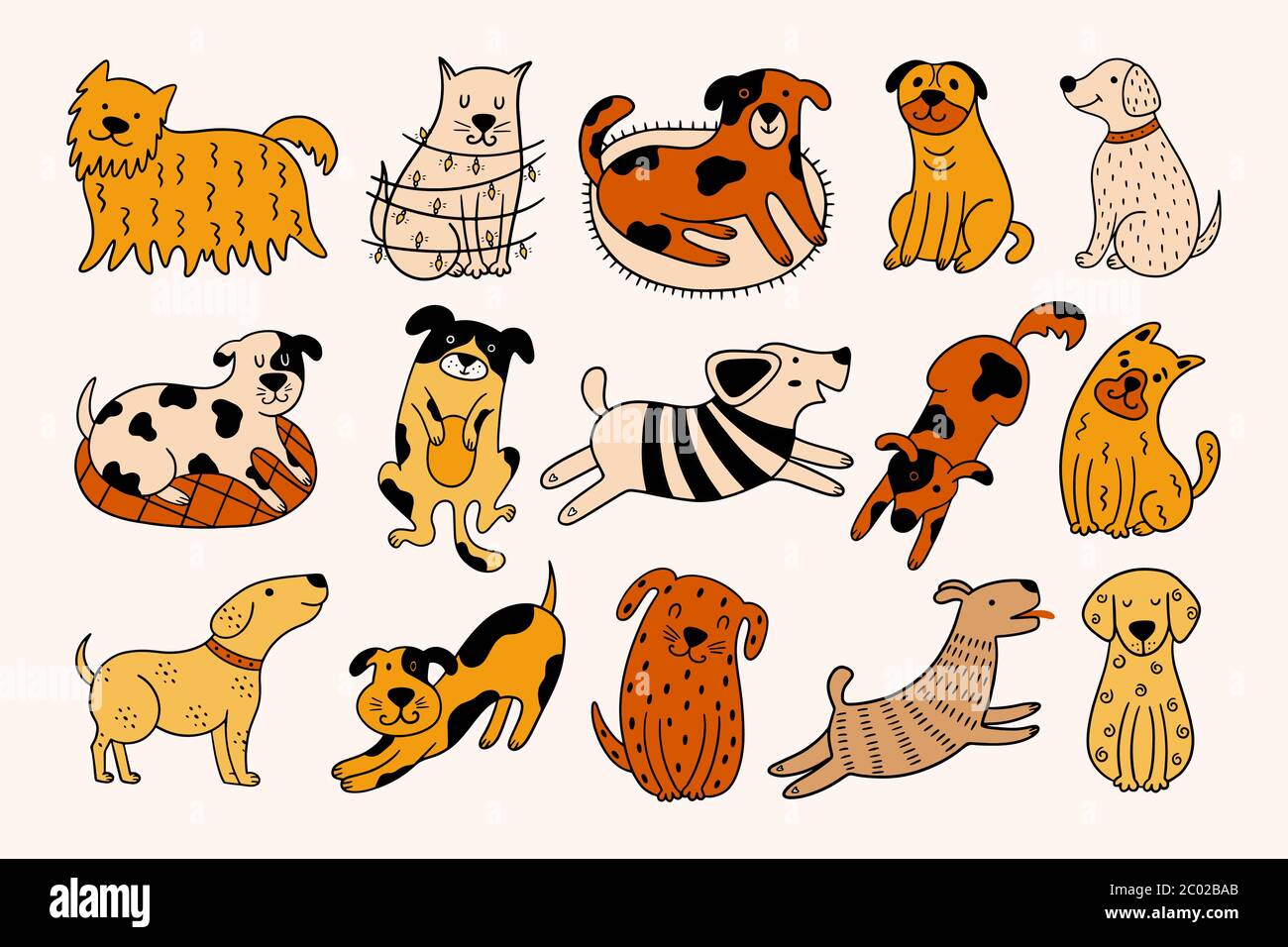 Raccolta di cani carini. Set di 15 animali domestici con doodle su sfondo beige. Illustrazione vettoriale disegnata a mano con cani colorati in diverse posizioni. Illustrazione Vettoriale